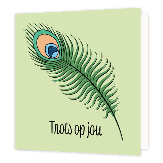 Mini bloemenkaartje - Trots op jou - Formaat: Klein - Vorm: Vierkant - Complimentenkaart - Op deze wenskaart staat een pauwenveer met daaronder de tekst: "Trots op jou". - Snelwenskaart