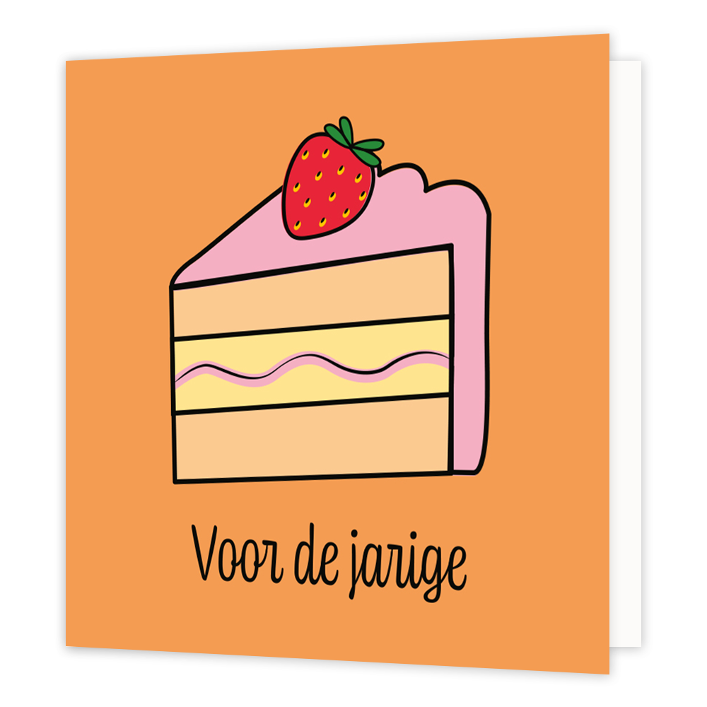 Mini bloemenkaartje - Voor de jarige - Formaat: Klein - Vorm: Vierkant - Verjaardagskaart - Op deze wenskaart staat een stukje taart met daaronder de tekst: "Voor de jarige". - Snelwenskaart