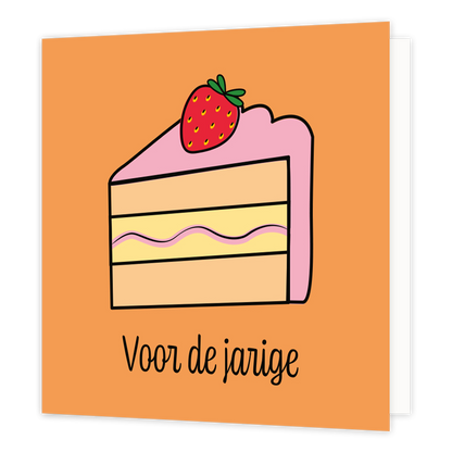 Mini bloemenkaartje - Voor de jarige - Formaat: Klein - Vorm: Vierkant - Verjaardagskaart - Op deze wenskaart staat een stukje taart met daaronder de tekst: "Voor de jarige". - Snelwenskaart