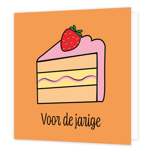 Mini bloemenkaartje - Voor de jarige - Formaat: Klein - Vorm: Vierkant - Verjaardagskaart - Op deze wenskaart staat een stukje taart met daaronder de tekst: "Voor de jarige". - Snelwenskaart