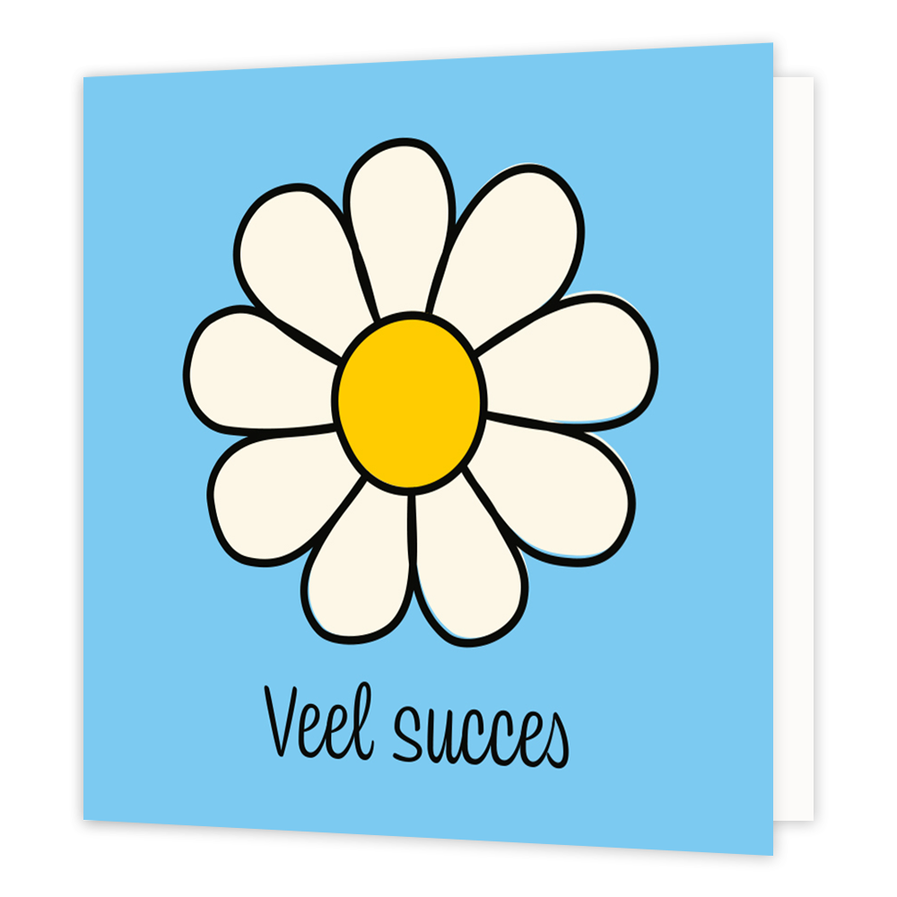 Mini bloemenkaartje - Veel succes - Formaat: Klein - Vorm: Vierkant - Succes kaart - Op deze wenskaart staat een witte bloem met daaronder de tekst: "Veel succes". - Snelwenskaart