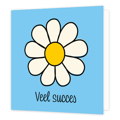 Mini bloemenkaartje - Veel succes - Formaat: Klein - Vorm: Vierkant - Succes kaart - Op deze wenskaart staat een witte bloem met daaronder de tekst: "Veel succes". - Snelwenskaart