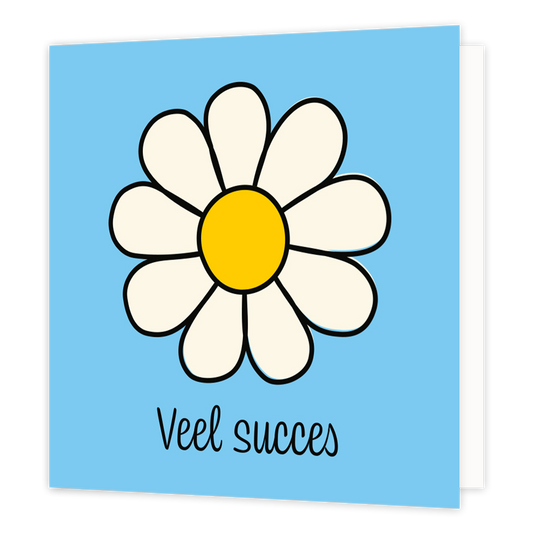 Mini bloemenkaartje - Veel succes - Formaat: Klein - Vorm: Vierkant - Succes kaart - Op deze wenskaart staat een witte bloem met daaronder de tekst: "Veel succes". - Snelwenskaart