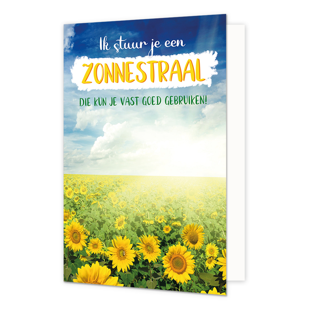 Ik stuur je een zonnestraal - Formaat: Standaard - Vorm: Staand - Denken aan kaart - Op deze wenskaart staat een zonnebloemenveld met daarboven de tekst: "Ik stuur je een zonnestraal. Die kun je vast goed gebruiken!". - Snelwenskaart