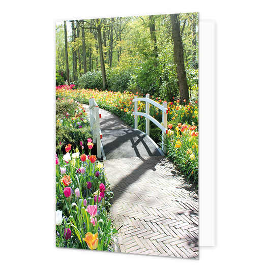 Bloemen brug - Formaat: Normaal - Vorm: Staand - Blanco kaart - Op deze wenskaart staat een looppad met brug en aan beide zijden tulpen. - Snelwenskaart