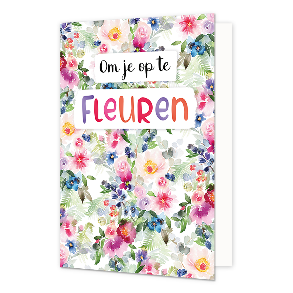 Om je op te fleuren - Formaat: Standaard - Vorm: Staand - Denken aan kaart - Op deze wenskaart staan bloemen in de kleuren roze, paars, blauw, groen, geel en rood. In het midden staat de tekst: "Om je op te fleuren". - Snelwenskaart