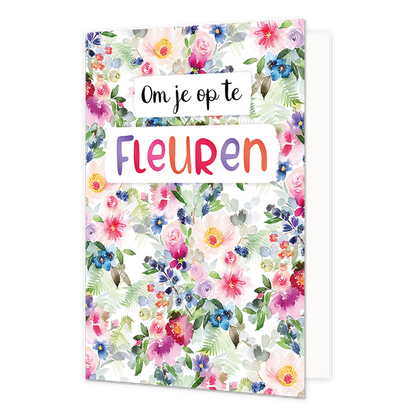 Om je op te fleuren - Formaat: Standaard - Vorm: Staand - Denken aan kaart - Op deze wenskaart staan bloemen in de kleuren roze, paars, blauw, groen, geel en rood. In het midden staat de tekst: "Om je op te fleuren". - Snelwenskaart