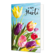 Van harte - Formaat: Standaard - Vorm: Staand - Felicitatiekaart - Op deze wenskaart staan tulpen in de kleuren geel, paars, roze, rood en oranje met daarboven de tekst: "Van harte". - Snelwenskaart