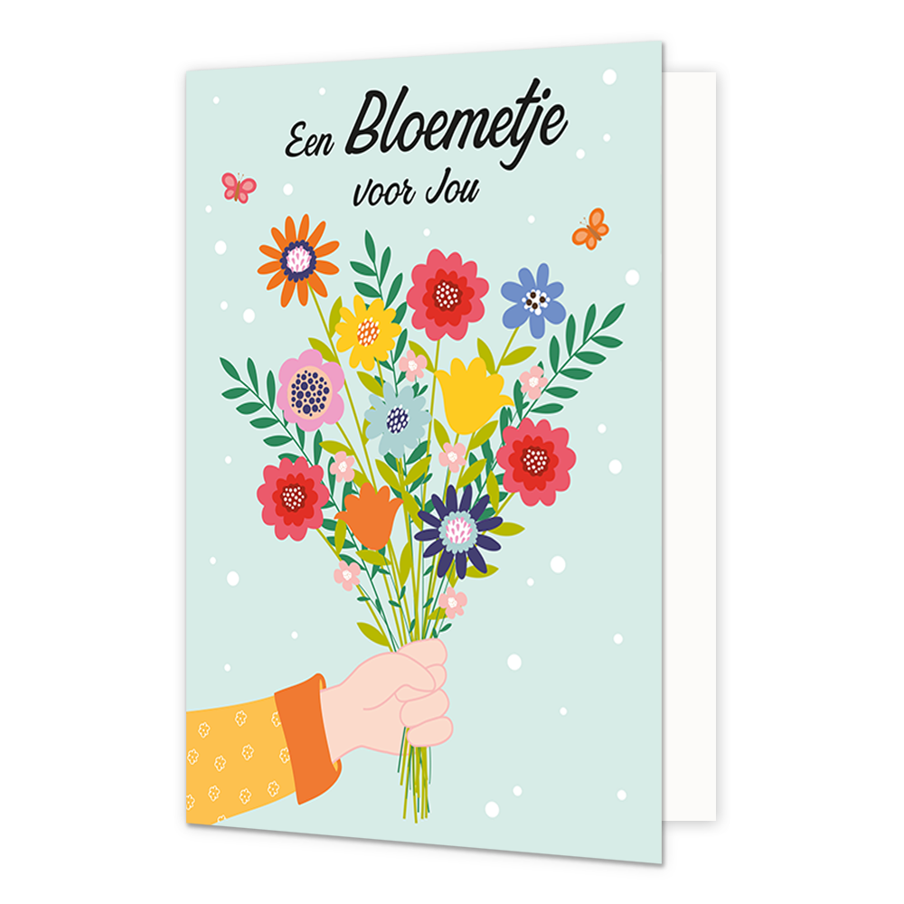 Een bloemetje voor jou - Formaat: Normaal - Vorm: Staand - Denken aan kaart - Op deze wenskaart staat een hand die een boeket met bloemen vasthoudt. Daarboven staat de tekst: "Een bloemetje voor jou". - Snelwenskaart