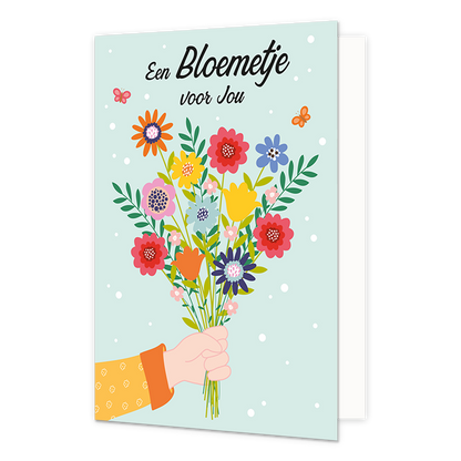 Een bloemetje voor jou - Formaat: Normaal - Vorm: Staand - Denken aan kaart - Op deze wenskaart staat een hand die een boeket met bloemen vasthoudt. Daarboven staat de tekst: "Een bloemetje voor jou". - Snelwenskaart