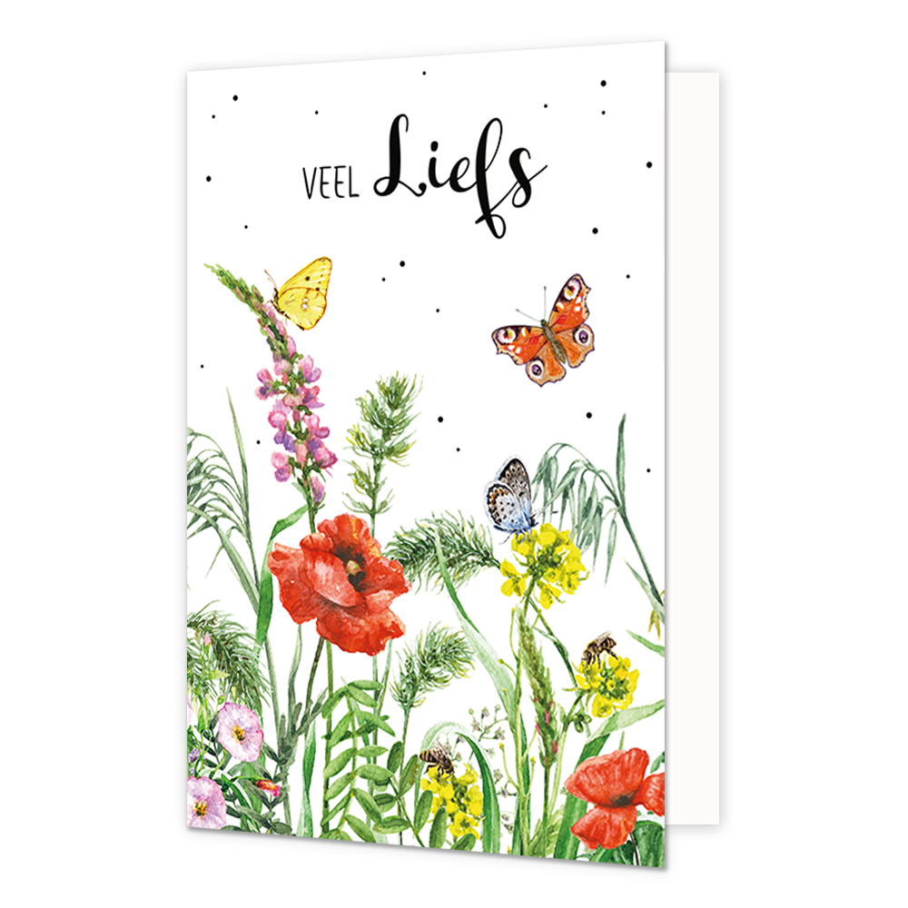 Veel liefs - Formaat: Normaal - Vorm: Staand - Vriendschapskaart - Op deze wenskaart staan bloemen in de kleuren rood, roze, geel en groen met vlinders. Daarboven staat de tekst: "Veel liefs". - Snelwenskaart