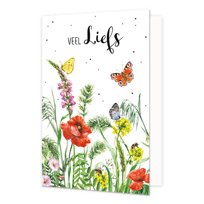 Veel liefs - Formaat: Normaal - Vorm: Staand - Vriendschapskaart - Op deze wenskaart staan bloemen in de kleuren rood, roze, geel en groen met vlinders. Daarboven staat de tekst: "Veel liefs". - Snelwenskaart