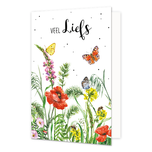 Veel liefs - Formaat: Normaal - Vorm: Staand - Vriendschapskaart - Op deze wenskaart staan bloemen in de kleuren rood, roze, geel en groen met vlinders. Daarboven staat de tekst: "Veel liefs". - Snelwenskaart