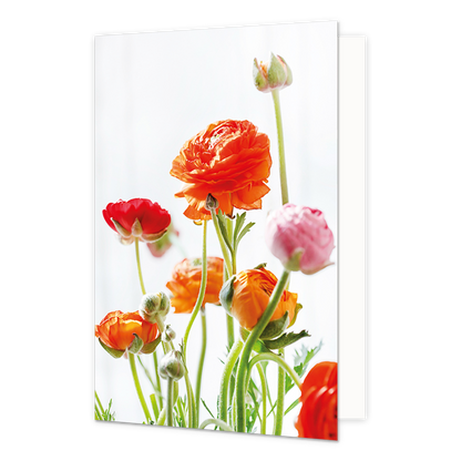 Bloemen - Formaat: Standaard - Vorm: Staand - Blanco kaart - Op deze wenskaart staan bloemen in de kleuren oranje, rood en roze. - Snelwenskaart