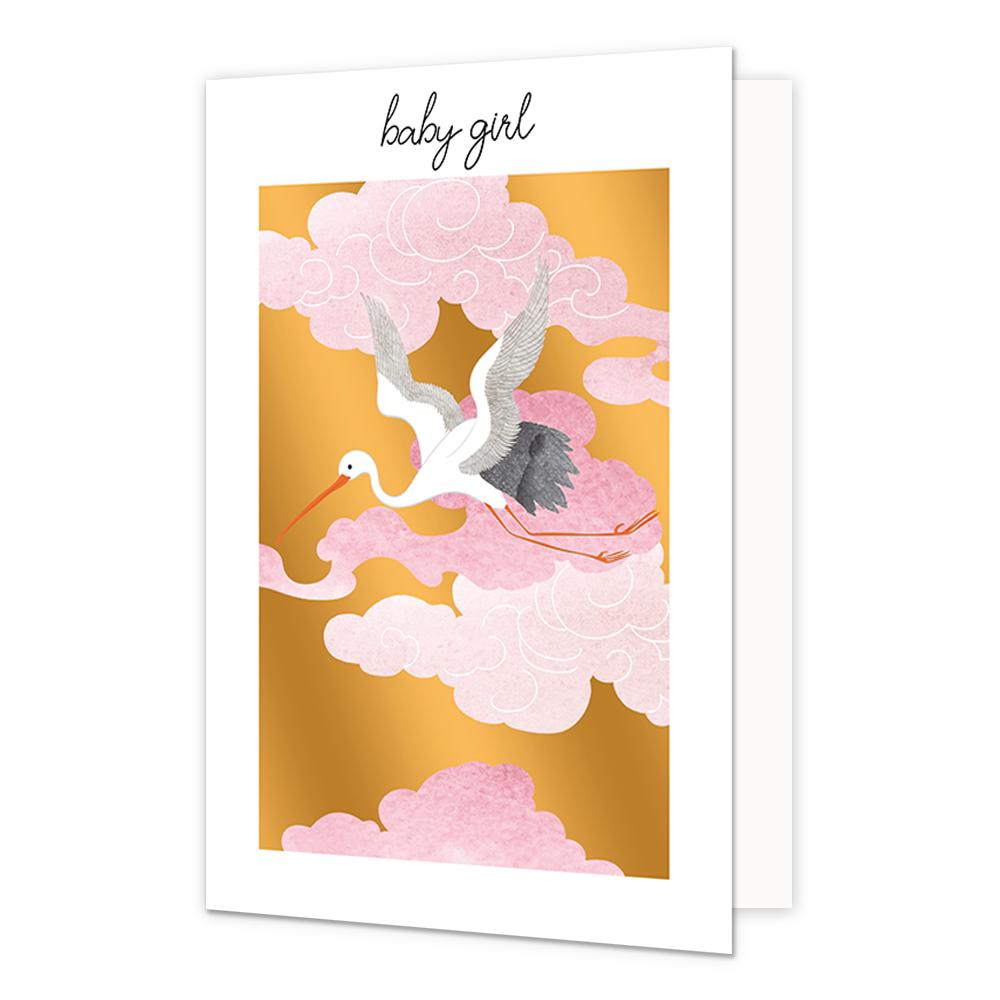 Baby girl - Formaat: Standaard - Vorm: Staand - Geboortekaart - Op deze wenskaart staat een ooievaar die door roze wolken vliegt, met een gouden achtergrond. Boven de illustratie staat de tekst: "Baby girl". - Snelwenskaart