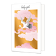 Baby girl - Formaat: Standaard - Vorm: Staand - Geboortekaart - Op deze wenskaart staat een ooievaar die door roze wolken vliegt, met een gouden achtergrond. Boven de illustratie staat de tekst: "Baby girl". - Snelwenskaart