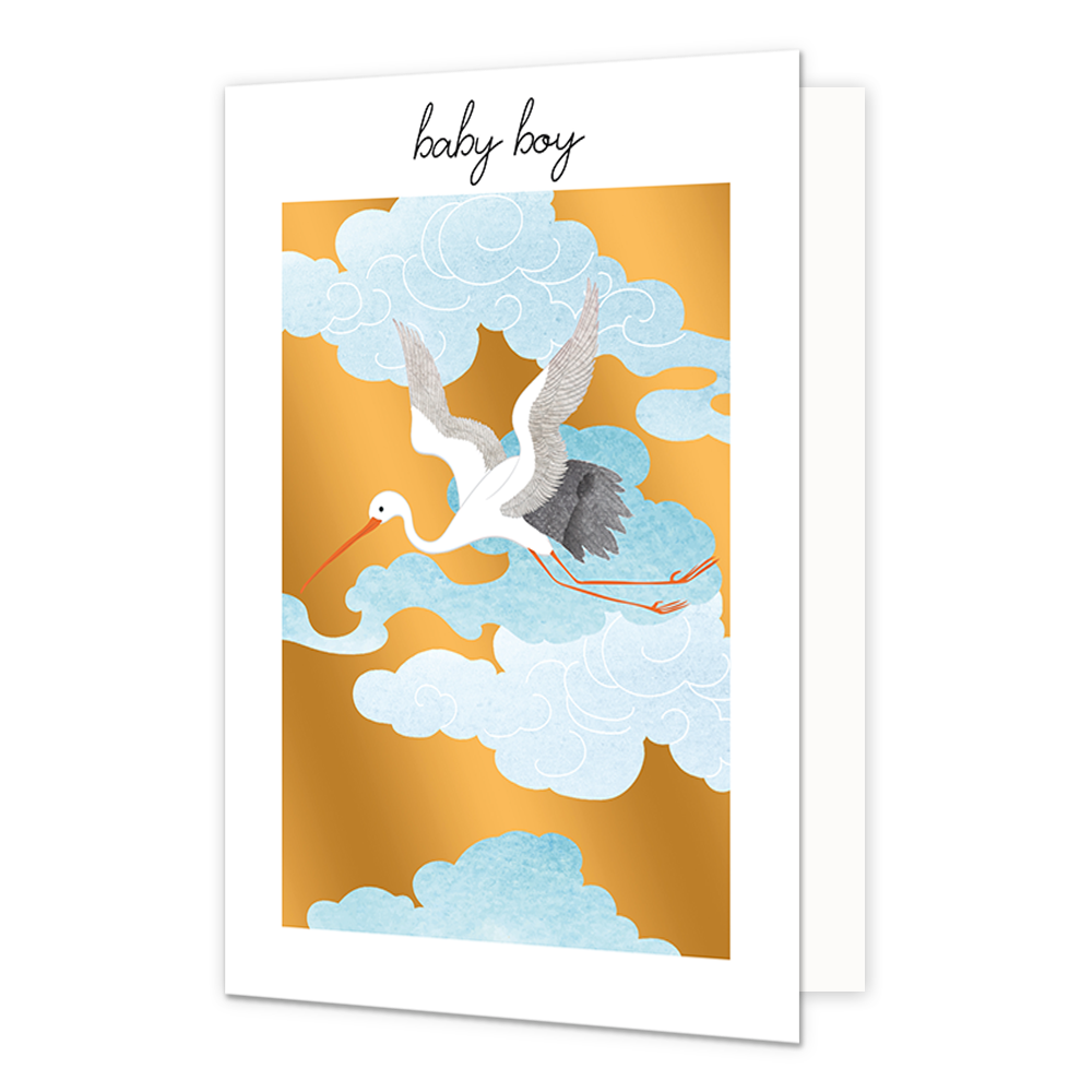 Baby boy - Formaat: Standaard - Vorm: Staand - Geboortekaart - Op deze wenskaart staat een ooievaar die door blauwe wolken vliegt, met een gouden achtergrond. Boven de illustratie staat de tekst: "Baby boy". - Snelwenskaart
