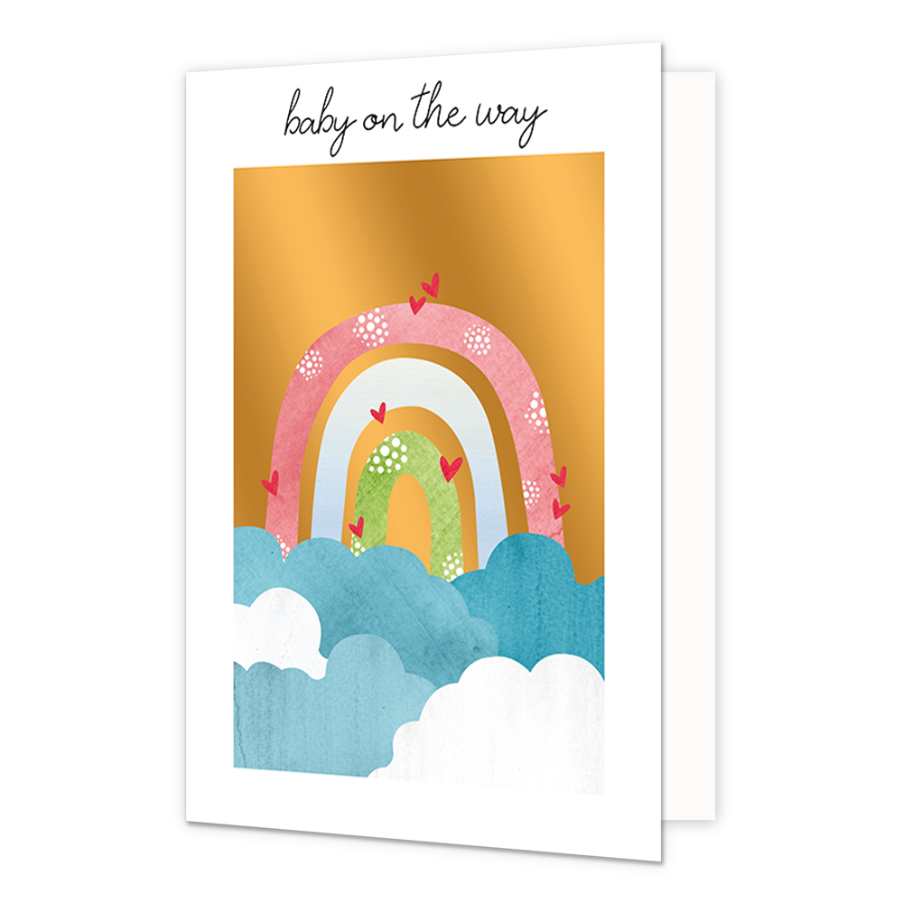 Baby on the way - Formaat: Standaard - Vorm: Staand - Geboortekaart - Op deze wenskaart staat een regenboog in de kleuren roze, blauw en groen die boven blauw/witte wolken staat, met een gouden achtergrond. Boven de illustratie staat de tekst: 'Baby on the way". - Snelwenskaart