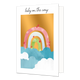 Baby on the way - Formaat: Standaard - Vorm: Staand - Geboortekaart - Op deze wenskaart staat een regenboog in de kleuren roze, blauw en groen die boven blauw/witte wolken staat, met een gouden achtergrond. Boven de illustratie staat de tekst: 'Baby on the way". - Snelwenskaart
