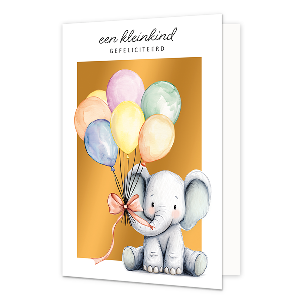Een kleinkind gefeliciteerd - Formaat: Standaard - Vorm: Staand - Geboortekaart - Op deze wenskaart staat een olifant die een tros ballonnen aan zijn slurf heeft met daarboven de tekst: "Een kleinkind gefeliciteerd". - Snelwenskaart