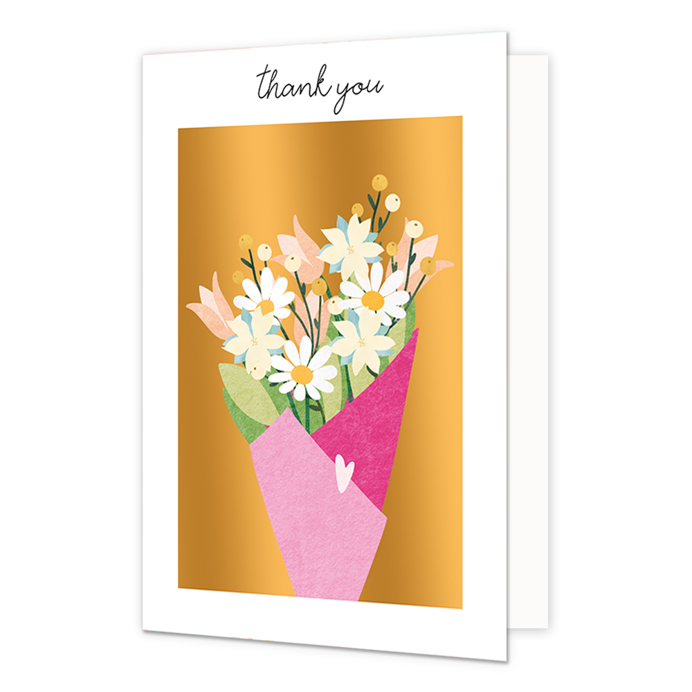 Thank you - Formaat: Normaal - Vorm: Staand - Bedankkaart - Op deze wenskaart staat een bloemenboeket in de kleuren wit, groen, roze, beige en geel, op een gouden achtergrond. Boven de illustratie staat de tekst: "Thank you". - Snelwenskaart