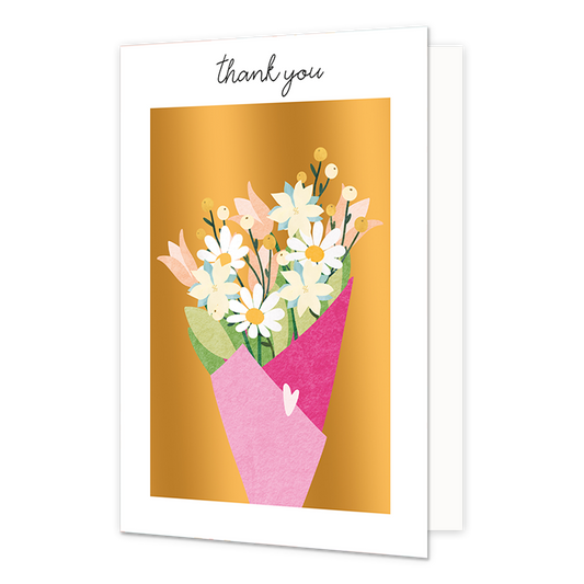 Thank you - Formaat: Normaal - Vorm: Staand - Bedankkaart - Op deze wenskaart staat een bloemenboeket in de kleuren wit, groen, roze, beige en geel, op een gouden achtergrond. Boven de illustratie staat de tekst: "Thank you". - Snelwenskaart