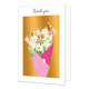 Thank you - Formaat: Standaard - Vorm: Staand - Bedankkaart - Op deze wenskaart staat een bloemenboeket in de kleuren wit, groen, roze, beige en geel, op een gouden achtergrond. Boven de illustratie staat de tekst: "Thank you". - Snelwenskaart