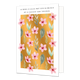 Glimlach op je gezicht kan toveren - Formaat: Standaard - Vorm: Staand - Denken aan kaart - Op deze wenskaart staan roze bloemen met groene blaadjes, op een gouden achtergrond. Boven de illustratie staat de tekst: "Ik wens je alles wat een glimlach op je gezicht kan toveren". - Snelwenskaart