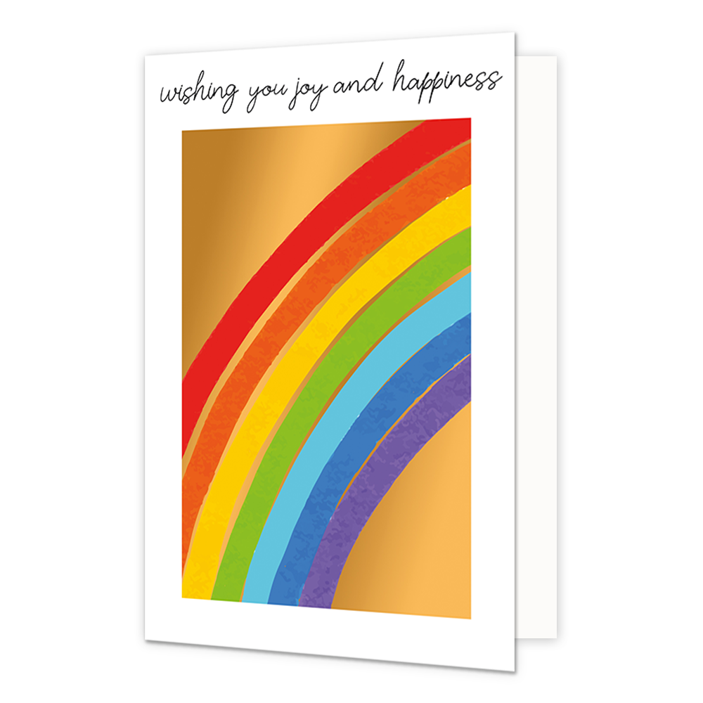 Wishing jou joy and happiness - Formaat: Standaard - Vorm: Staand - Felicitatiekaart - Op deze wenskaart staat een regenboog met de kleuren rood, oranje, geel, groen, blauw en paars, op een gouden achtergrond. Boven de illustratie staat de tekst: "Wishing you joy and happiness". - Snelwenskaart