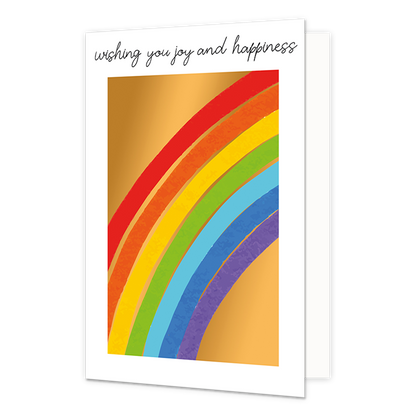 Wishing jou joy and happiness - Formaat: Standaard - Vorm: Staand - Felicitatiekaart - Op deze wenskaart staat een regenboog met de kleuren rood, oranje, geel, groen, blauw en paars, op een gouden achtergrond. Boven de illustratie staat de tekst: "Wishing you joy and happiness". - Snelwenskaart