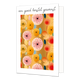 Een goed herstel gewenst - Formaat: Standaard - Vorm: Staand - Beterschapskaart - Op deze wenskaart staan grondvormige bloemen en blaadjes in de kleuren roze, geel, blauw, rood, oranje en groen, op een gouden achtergrond. Boven de illustratie staat de tekst: "Een goed herstel gewenst". - Snelwenskaart