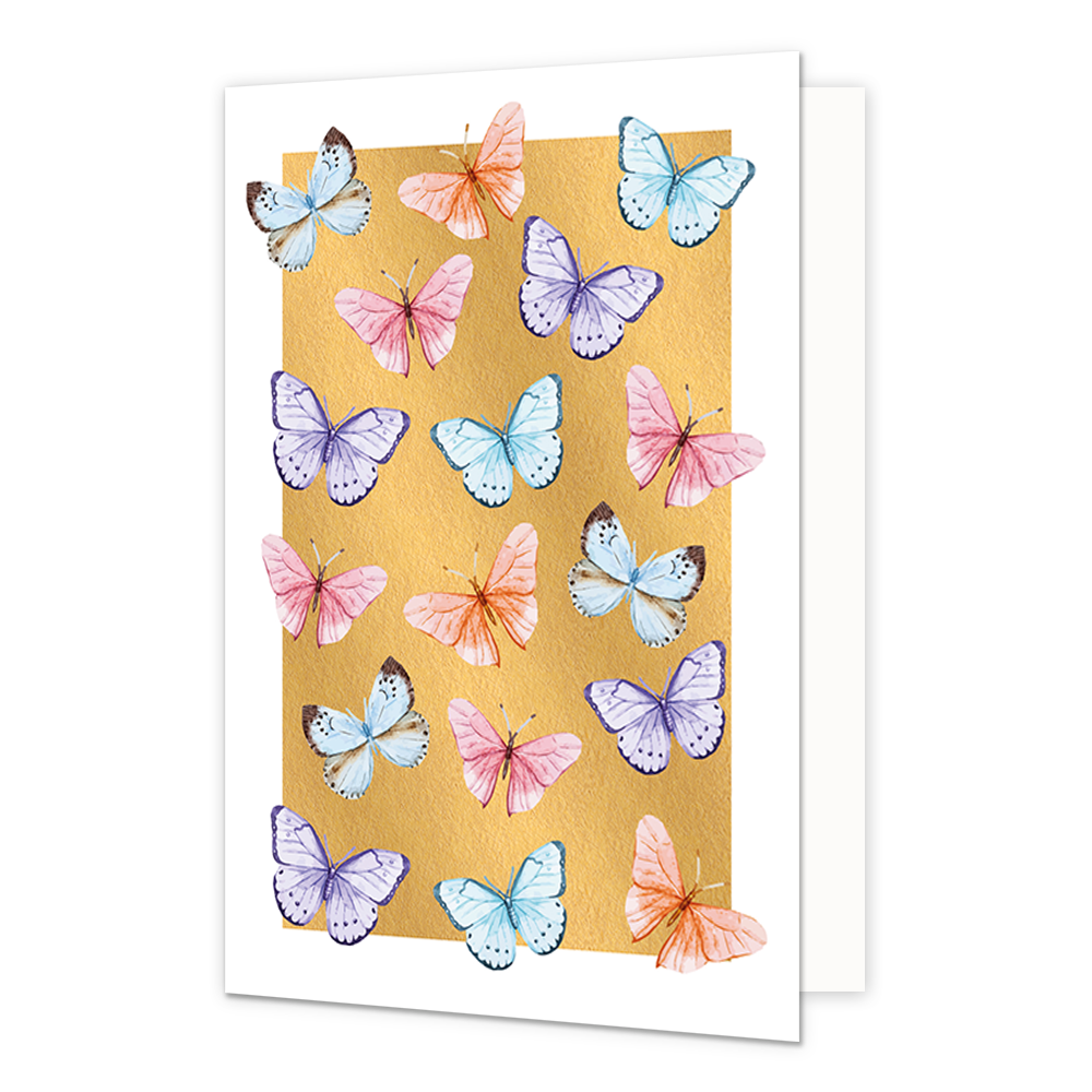 Vlinder - Formaat: Normaal - Vorm: Staand - Blanco kaart - Op deze wenskaart staan vlinders in de kleuren blauw, paars, roze en oranje, op een gouden achtergrond. - Snelwenskaart
