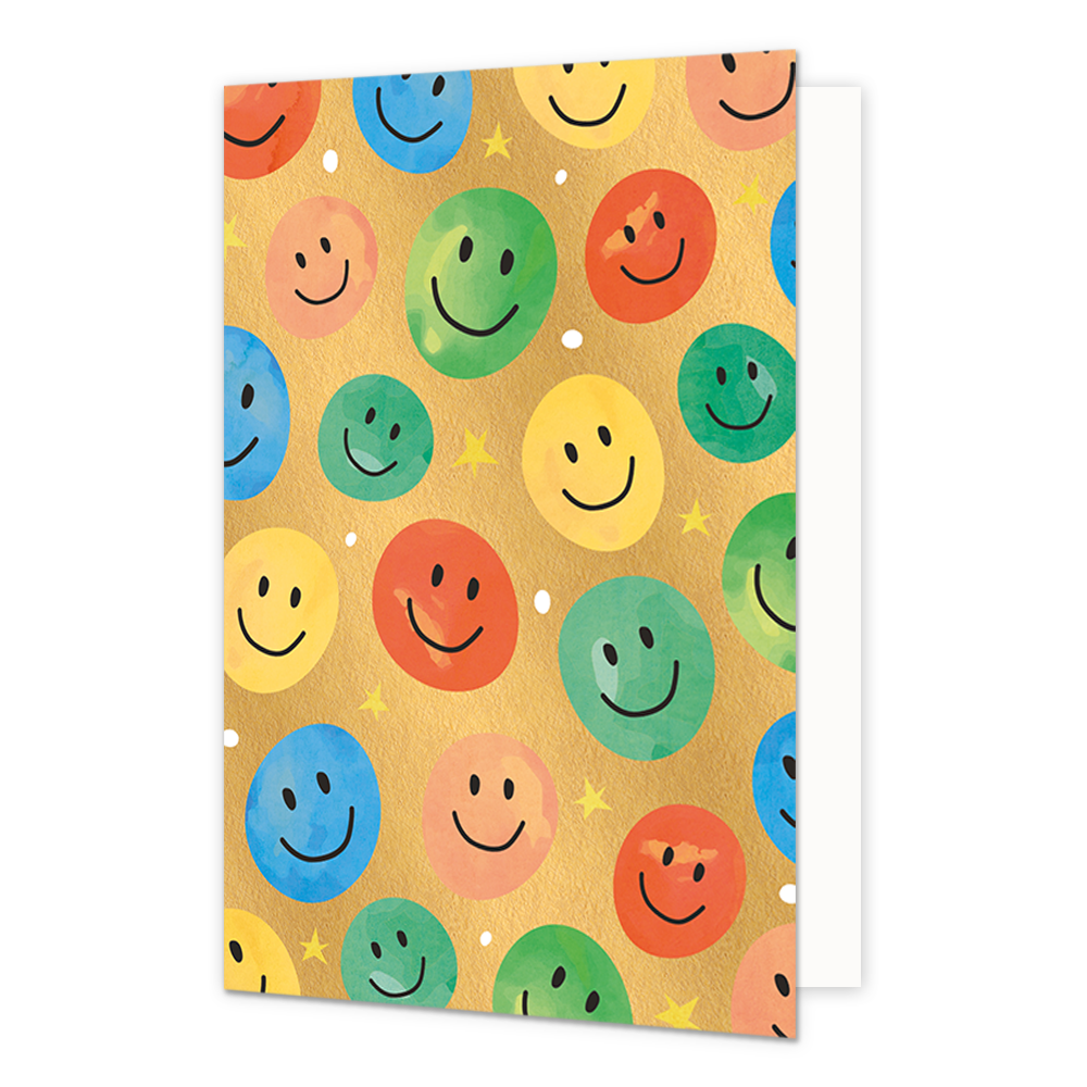 Smiley's - Formaat: Standaard - Vorm: Staand - Blanco kaart - Op deze wenskaart staan smiley's in de kleuren rood, blauw, groen, geel en oranje, op een gouden achtergrond. - Snelwenskaart