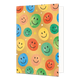 Smiley's - Formaat: Standaard - Vorm: Staand - Blanco kaart - Op deze wenskaart staan smiley's in de kleuren rood, blauw, groen, geel en oranje, op een gouden achtergrond. - Snelwenskaart