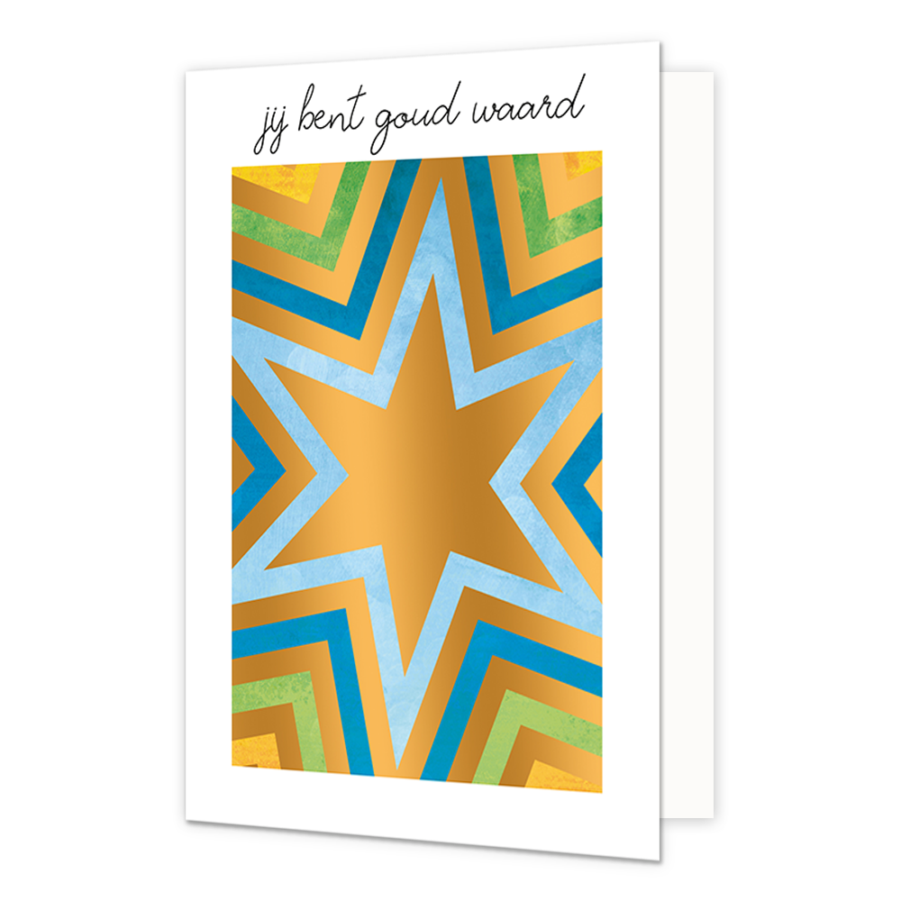Jij bent goud waard - Formaat: Normaal - Vorm: Staand - Complimentenkaart - Op deze wenskaart staan sterren in de kleuren blauw, groen, geel en goud. Boven de illustratie staat de tekst: "Jij bent goud waard". - Snelwenskaart