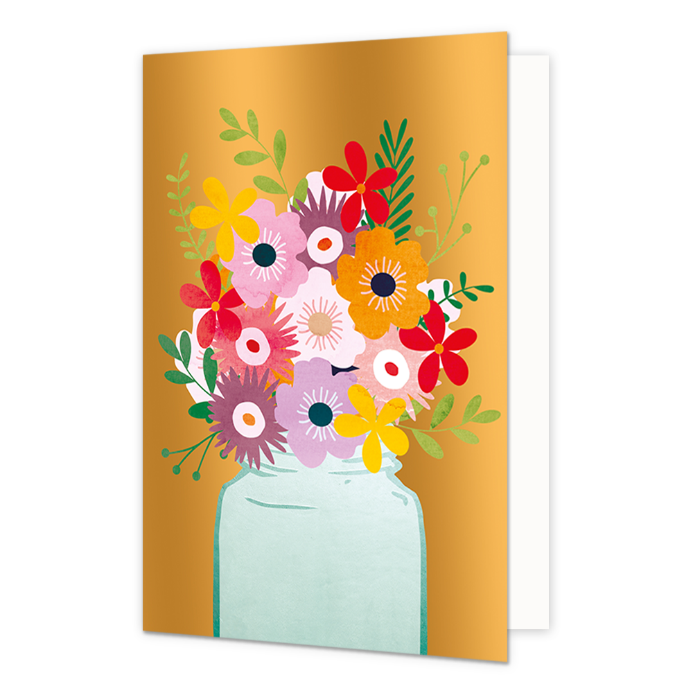 Bloemenvaas - Formaat: Standaard - Vorm: Staand - Blanco kaart - Op deze wenskaart staat een bloemenvaas met de kleuren groen, blauw, rood, paars, roze, geel, oranje en wit, op een gouden achtergrond. - Snelwenskaart