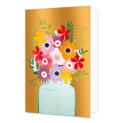 Bloemenvaas - Formaat: Standaard - Vorm: Staand - Blanco kaart - Op deze wenskaart staat een bloemenvaas met de kleuren groen, blauw, rood, paars, roze, geel, oranje en wit, op een gouden achtergrond. - Snelwenskaart