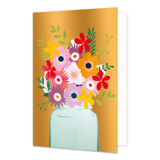 Bloemenvaas - Formaat: Normaal - Vorm: Staand - Blanco kaart - Op deze wenskaart staat een bloemenvaas met de kleuren groen, blauw, rood, paars, roze, geel, oranje en wit, op een gouden achtergrond. - Snelwenskaart