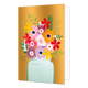 Bloemenvaas - Formaat: Standaard - Vorm: Staand - Blanco kaart - Op deze wenskaart staat een bloemenvaas met de kleuren groen, blauw, rood, paars, roze, geel, oranje en wit, op een gouden achtergrond. - Snelwenskaart