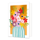 Bloemenvaas - Formaat: Standaard - Vorm: Staand - Blanco kaart - Op deze wenskaart staat een grote, kleurrijke bos bloemen afgebeeld in een blauw-wit gestreepte vaas, geplaatst tegen een oranje achtergrond. Het boeket bestaat uit diverse bloemen in onder andere de kleuren rood, geel, roze, oranje en paars, aangevuld met groene takjes en blaadjes. Er is geen tekst op de illustratie aanwezig. - Snelwenskaart