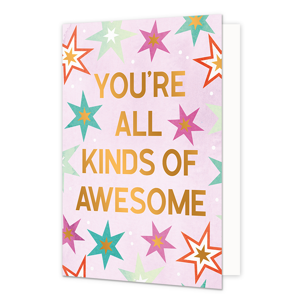 You're all kinds of awesome - Formaat: Normaal - Vorm: Staand - Complimentenkaart - Op deze wenskaart staan sterren in de kleuren rood, wit, groen, paars en goud, op een roze achtergrond. In het midden staat de gouden tekst: "You're all kinds of awesome". - Snelwenskaart