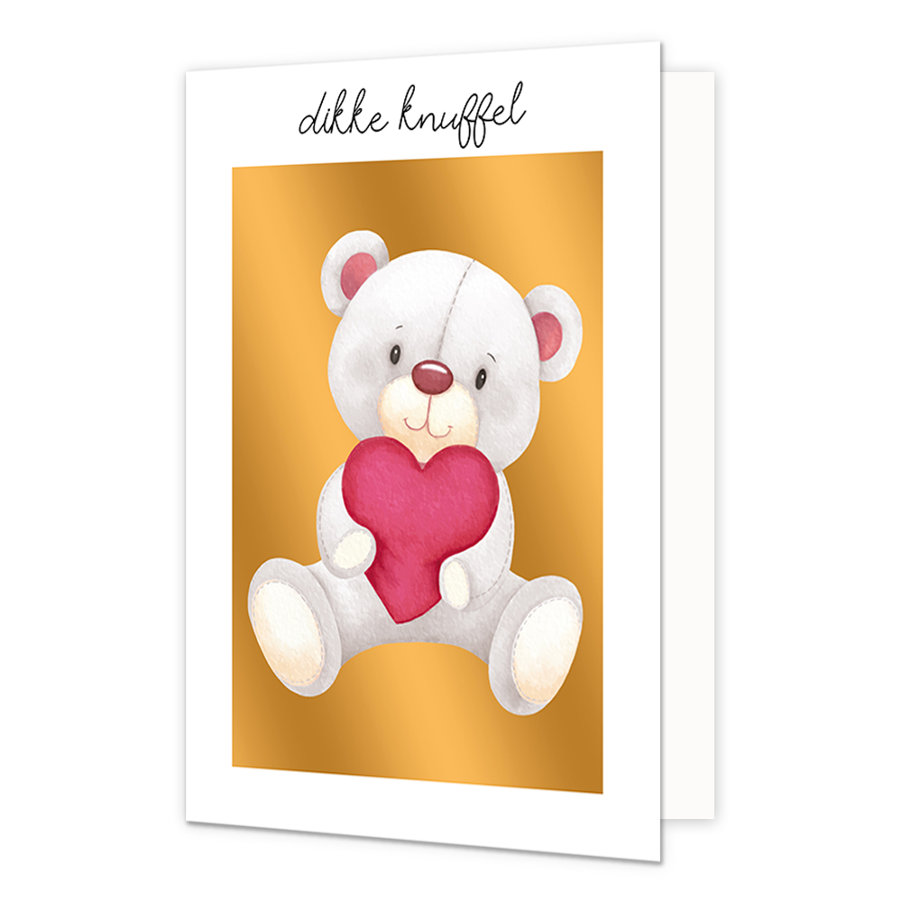 Dikke knuffel - Formaat: Normaal - Vorm: Staand - Vriendschapskaart - Op deze wenskaart staat een knuffel teddybeer die een rode hart vast houdt, op een gouden achtergrond. Boven de illustratie staat de tekst: "Dikke knuffel". - Snelwenskaart