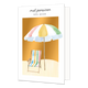 Met pensioen veel geluk - Formaat: Standaard - Vorm: Staand - Pensioenkaart - Op deze wenskaart staat een strand met een stranbed en parasol. Daarboven staat de tekst: "Met pensioen veel geluk". - Snelwenskaart