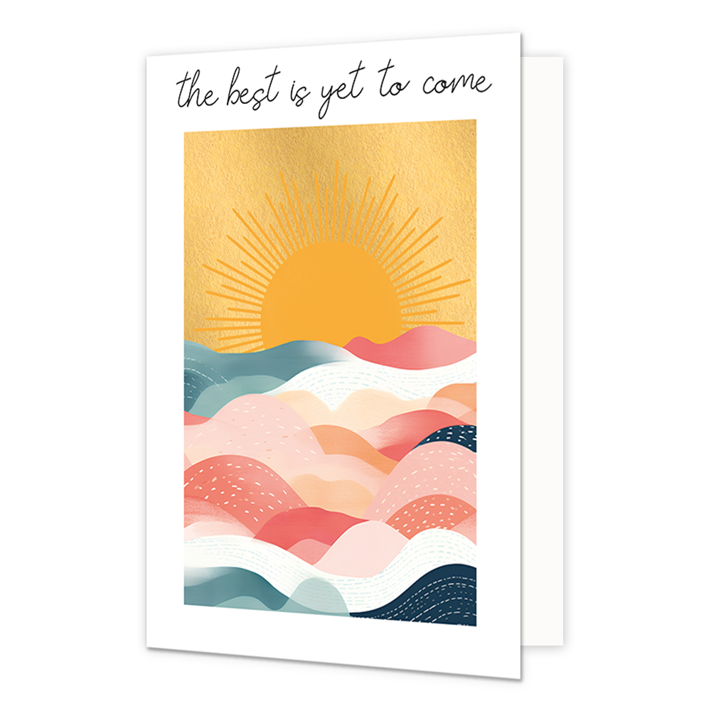 The best is yet to come - Formaat: Normaal - Vorm: Staand - Succes kaart - Op deze wenskaart staat een opkomende zon bij een zee in de kleuren roze, beige, geel, wit en blauw. Boven de illustratie staat de tekst: "The best is yet to come". - Snelwenskaart