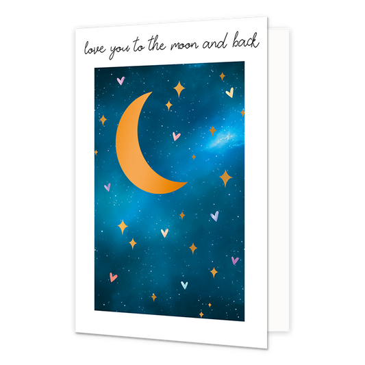 Love you to the moon and back - Formaat: Normaal - Vorm: Staand - Liefdeskaart - Op deze wenskaart is een halve maan te zien op een donkerblauwe achtergrond met gekleurde hartjes. Boven de illustratie staat de tekst: "Love you to the moon and back". - Snelwenskaart