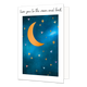 Love you to the moon and back - Formaat: Standaard - Vorm: Staand - Liefdeskaart - Op deze wenskaart is een halve maan te zien op een donkerblauwe achtergrond met gekleurde hartjes. Boven de illustratie staat de tekst: "Love you to the moon and back". - Snelwenskaart