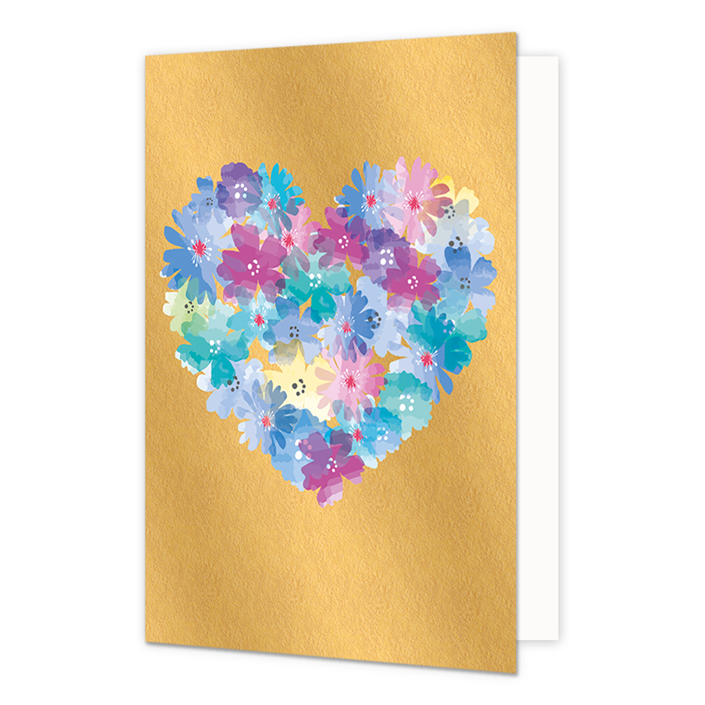Hart van bloemen - Formaat: Normaal - Vorm: Staand - Blanco kaart - Op deze wenskaart staat een hart gemaakt van bloemen in de kleuren blauw, paars lila, groen en geel, op een gouden achtergrond. - Snelwenskaart