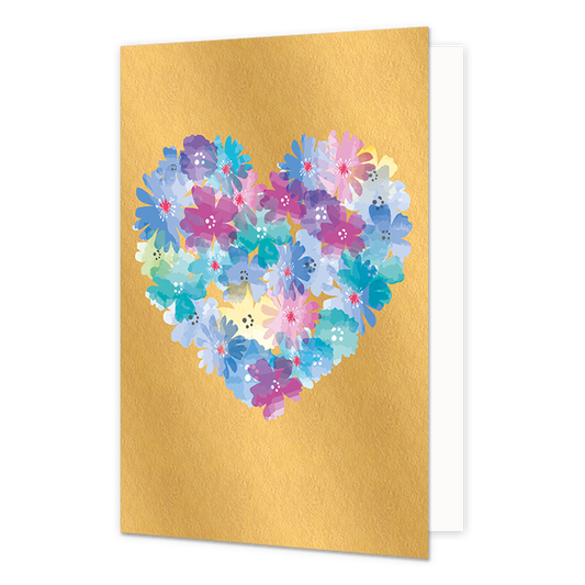 Hart van bloemen - Formaat: Normaal - Vorm: Staand - Blanco kaart - Op deze wenskaart staat een hart gemaakt van bloemen in de kleuren blauw, paars lila, groen en geel, op een gouden achtergrond. - Snelwenskaart