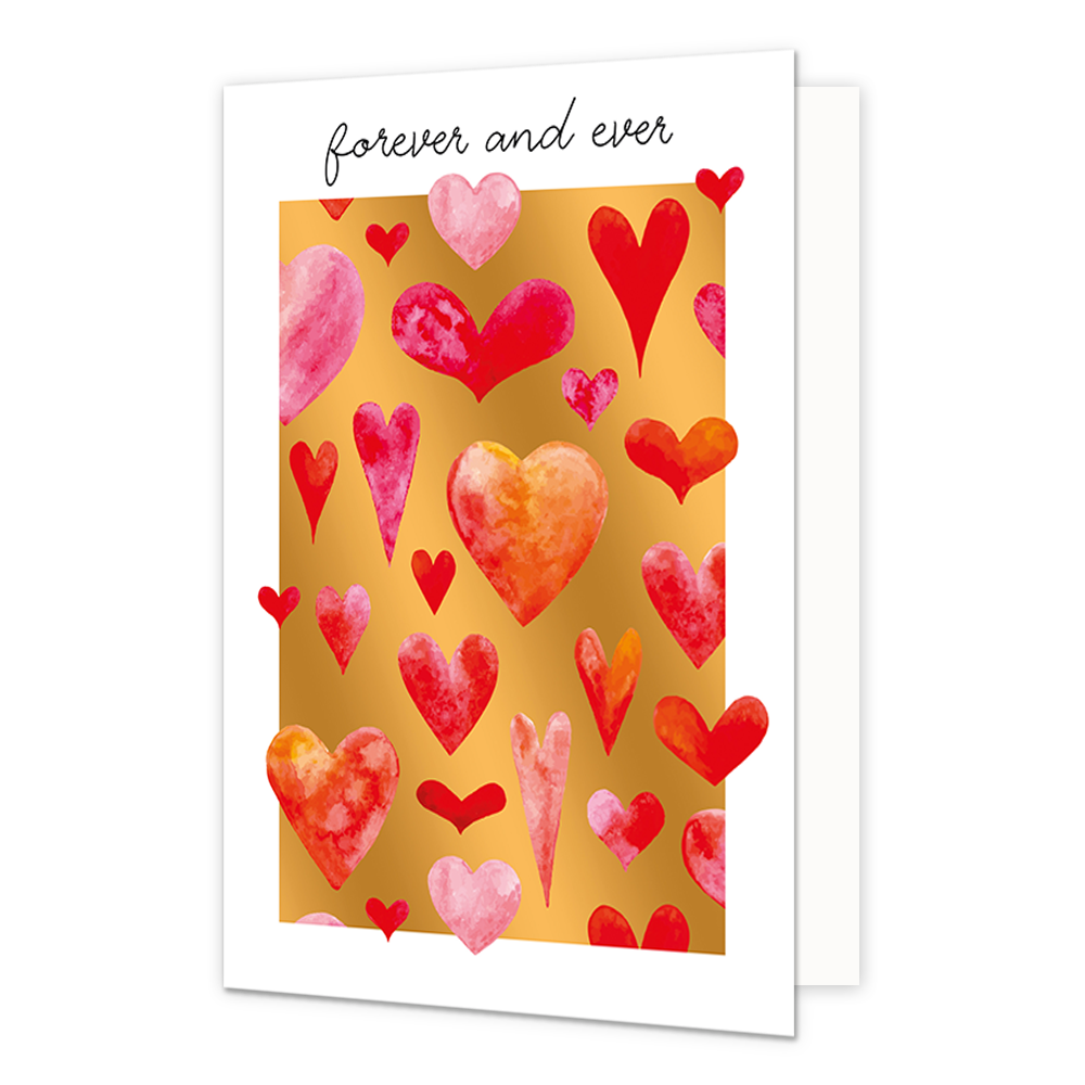 Forever and ever - Formaat: Normaal - Vorm: Staand - Liefdeskaart - Op deze wenskaart staan hartjes in diverse kleuren rood en roze, op een gouden achtergrond. Boven de illustratie staat de tekst: "Forever and ever". - Snelwenskaart
