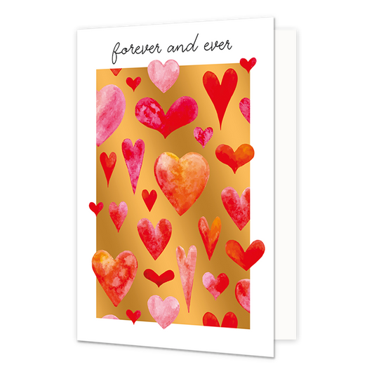 Forever and ever - Formaat: Normaal - Vorm: Staand - Liefdeskaart - Op deze wenskaart staan hartjes in diverse kleuren rood en roze, op een gouden achtergrond. Boven de illustratie staat de tekst: "Forever and ever". - Snelwenskaart